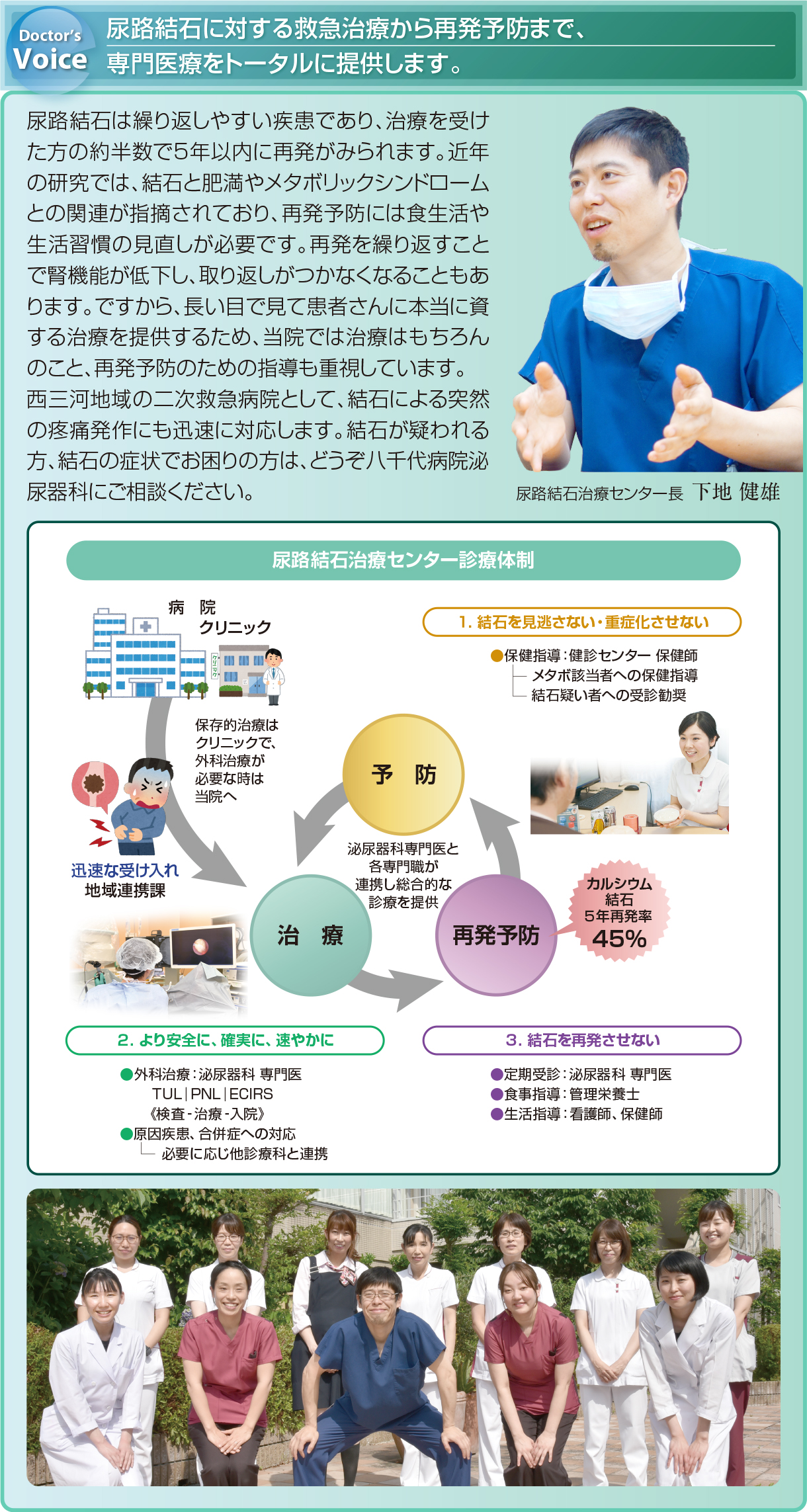 尿路結石に対する救急治療から再発予防まで、専門医療をトータルに提供します。西三河地域の二次救急病院として、結石による突然の疼痛発作にも迅速に対応します。