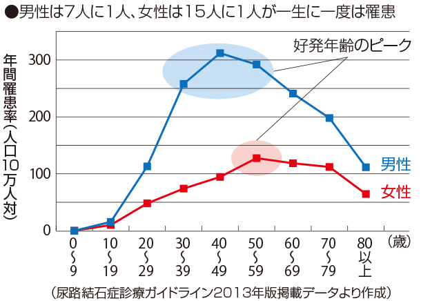 尿路結石の年齢別年間罹患率　男性は７人に１人、女性は15人に１人が一生に一度は罹患